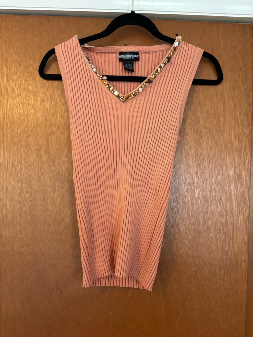Vintage Ribbed V-Neck Beaded Pink Tank Top